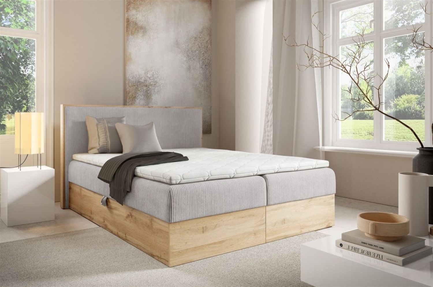 Boxspringbett Schlafzimmerbett ROLAND 140x220cm in Stoff Lincoln Hellgrau Bild 1