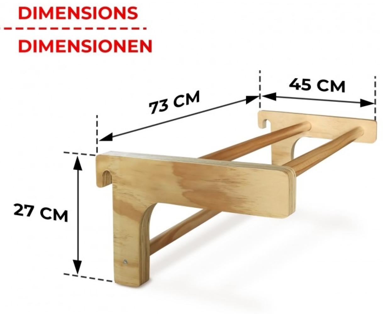 Physionics® Abnehmbare Klimmzugstange für Sprossenwand - belastbar bis 100 kg, 3 Sprossen, 73 x 45 x 27 cm, aus Holz, höhenverstellbar - Klimmzugbügel, Reckstange, Einhängebügel, Turnwand Bild 1