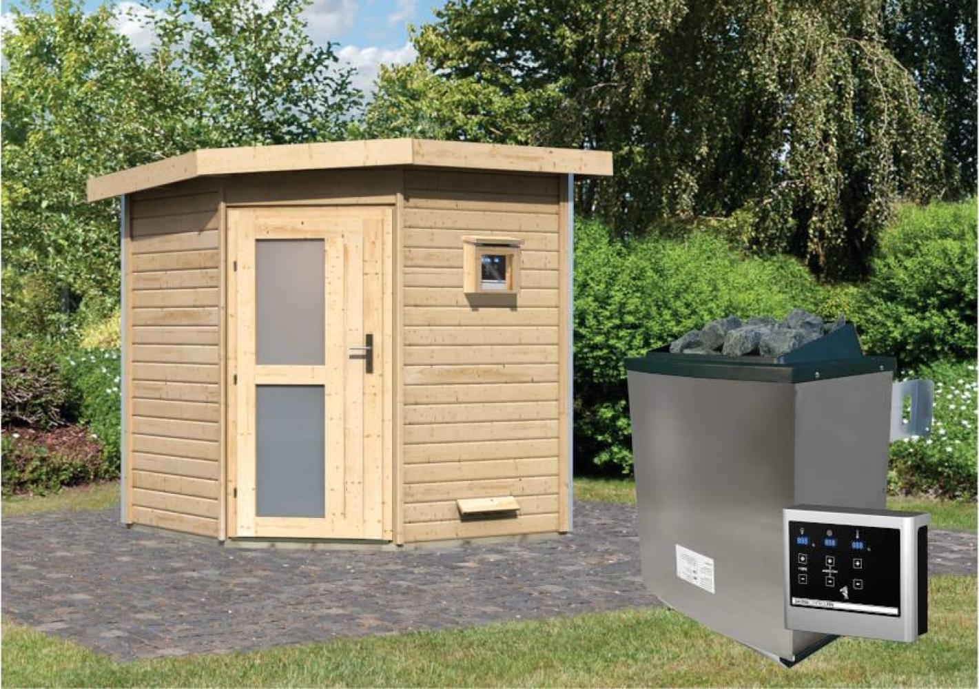 Karibu Sauna Pekka naturbelassen + 9 kW Saunaofen mit ext. Steuerung Easy Milchglastür Bild 1