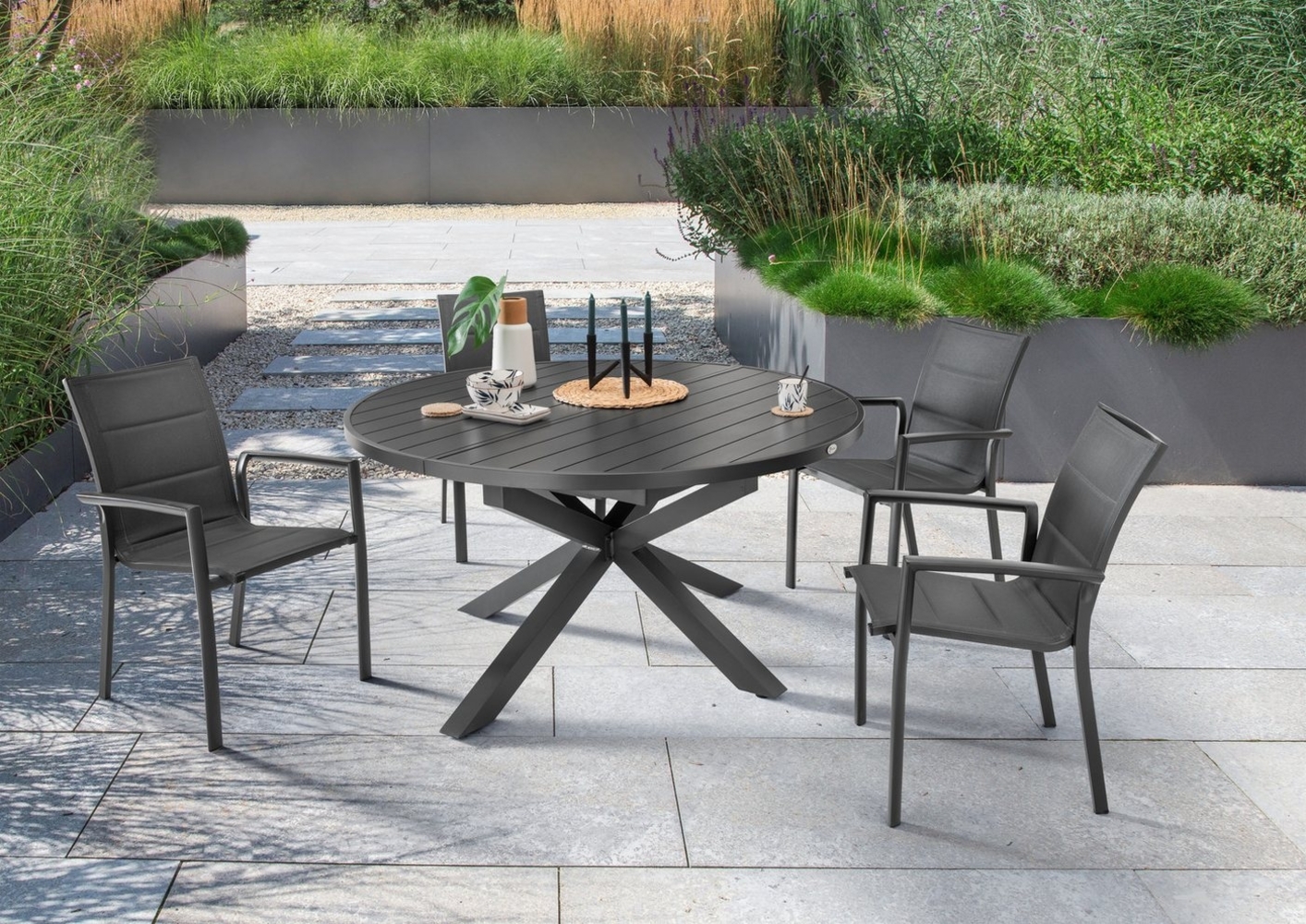 Destiny Garten-Essgruppe COSTA ARONA, (Set, 5-tlg, 1 Ausziehtisch, 4 Stapelsessel), (Set, 9-tlg, 4 Sessel, 1 Tisch ausziehbar Ø 120/170x75cm) Aluminium Bild 1
