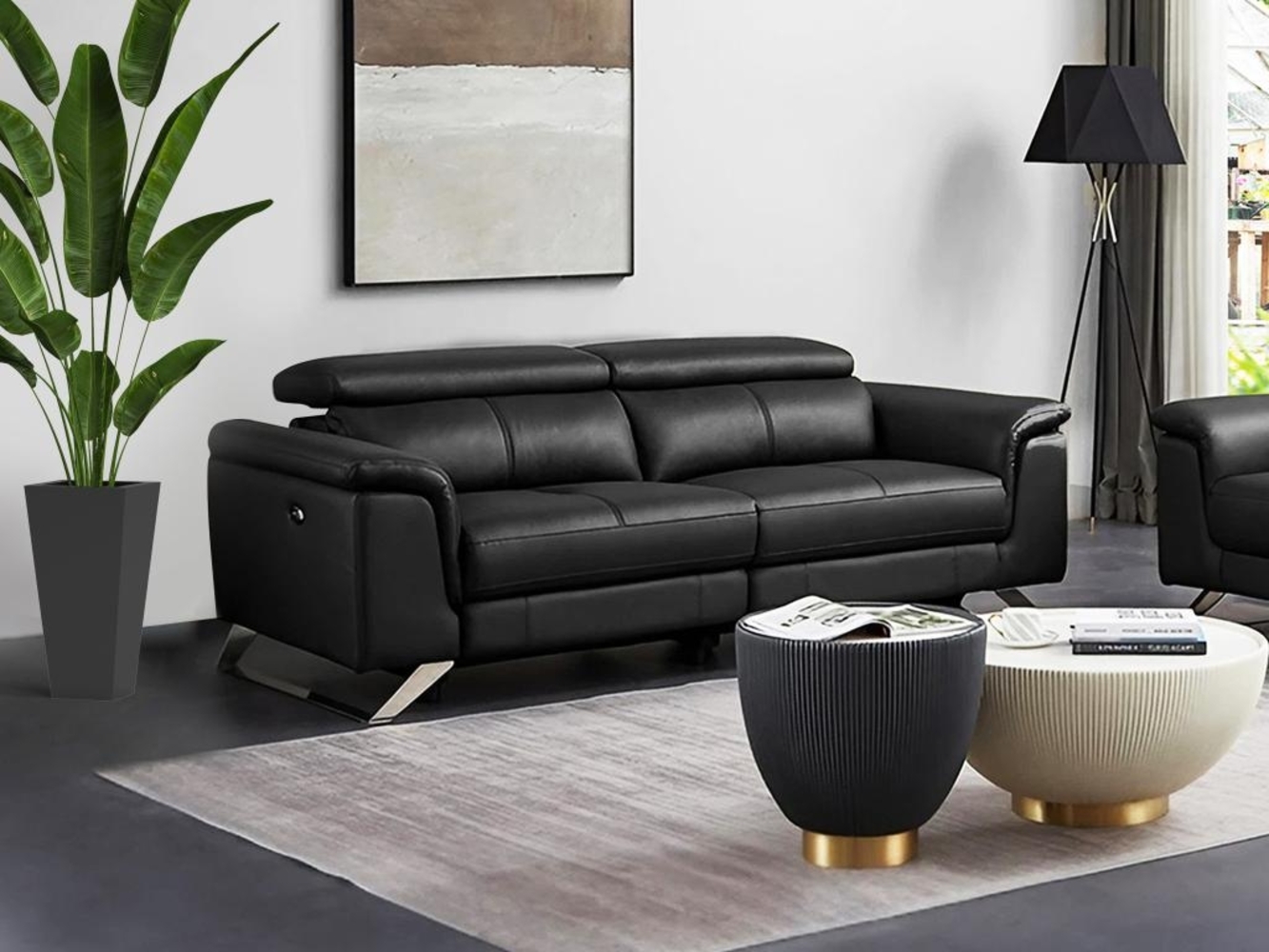 Vente-unique - Relaxsofa 3-Sitzer elektrisch - Rindsleder - Schwarz - BREYT II Bild 1