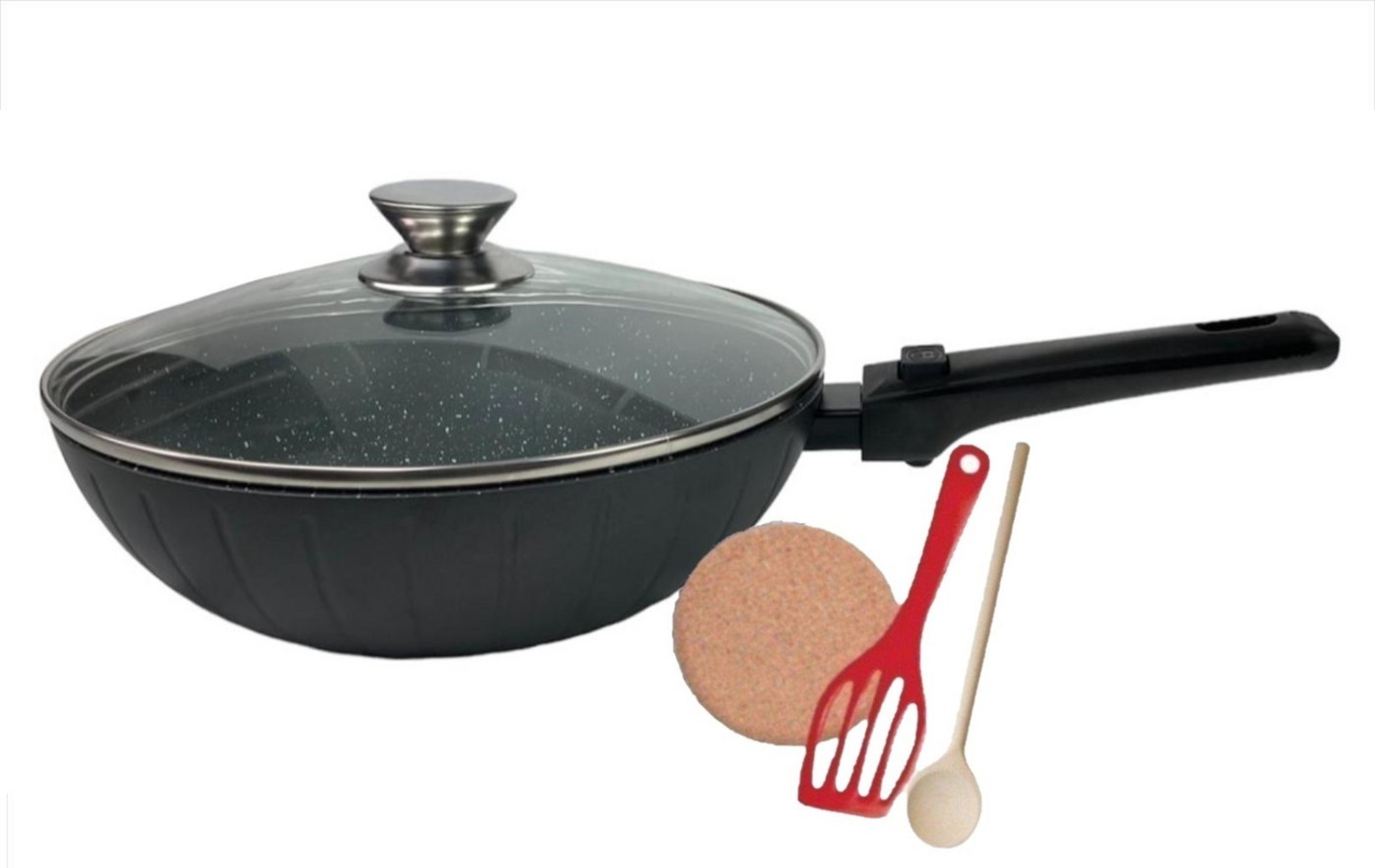 KESSMANN Pfannen-Set Induktion Wokpfanne 32cm abnehmbarer Griff mit Deckel Bräter Pfanne, Aluminium (Alle Herdarten, 6-tlg, 1 Pfannenwender + 1 Untersetzer + 1 Holzlöffel + 1 abnehmbarer Griff), Asiapfanne Wok Schmorpfanne Bratpfanne Pfannenset Antihaft Bild 1