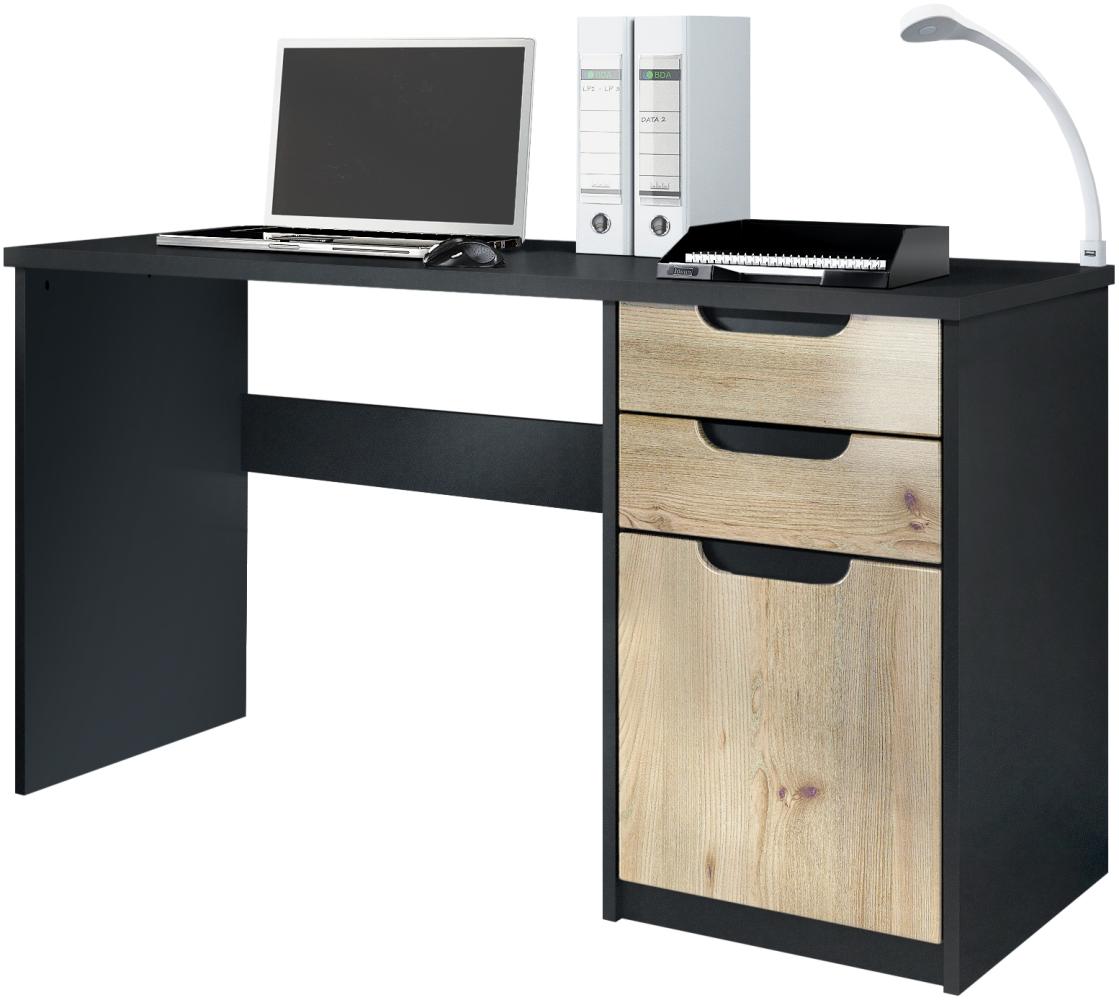 Vladon Schreibtisch Logan, Bürotisch mit 2 Schubladen und 1 Tür, Schwarz matt/Eiche Nordic (129 x 76 x 60 cm) Bild 1