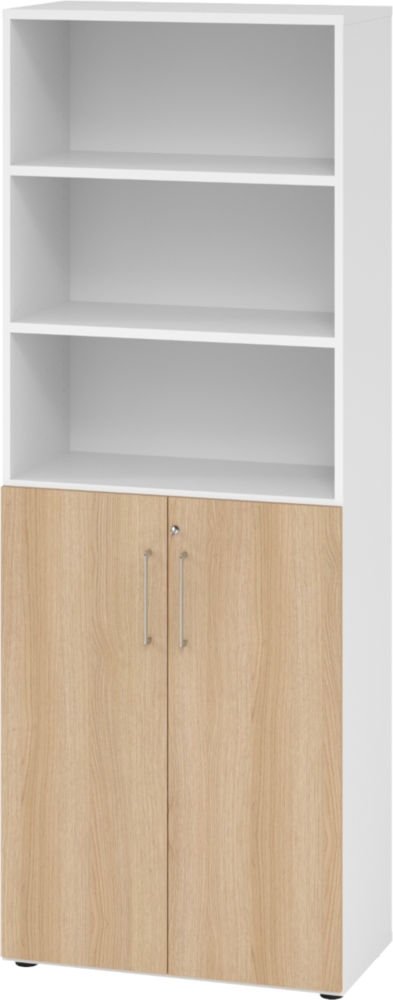 bümö Aktenregal & Schrank abschließbar, Büroschrank Regal Kombination Holz 80cm breit in Weiß/Eiche - abschließbarer Schrank für's Büro & Arbeitszimmer, Büro Möbel Ordnerschrank, 968T3-W-E-BS Bild 1