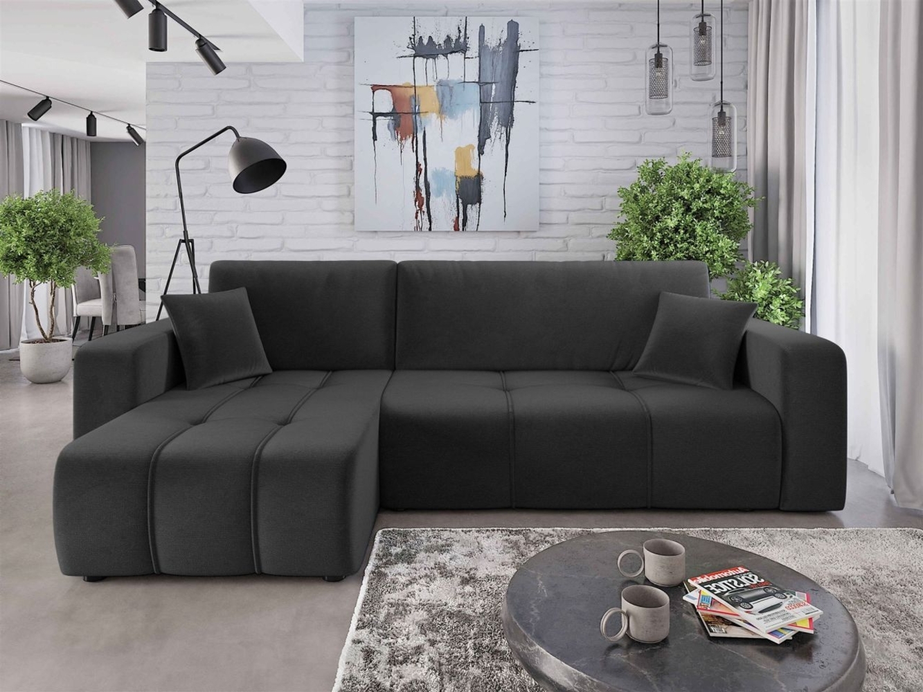 Ecksofa mit Schlaffunktion Sofa DAGNY in Stoff Kronos Dunkelgrau Ottomane Links Bild 1