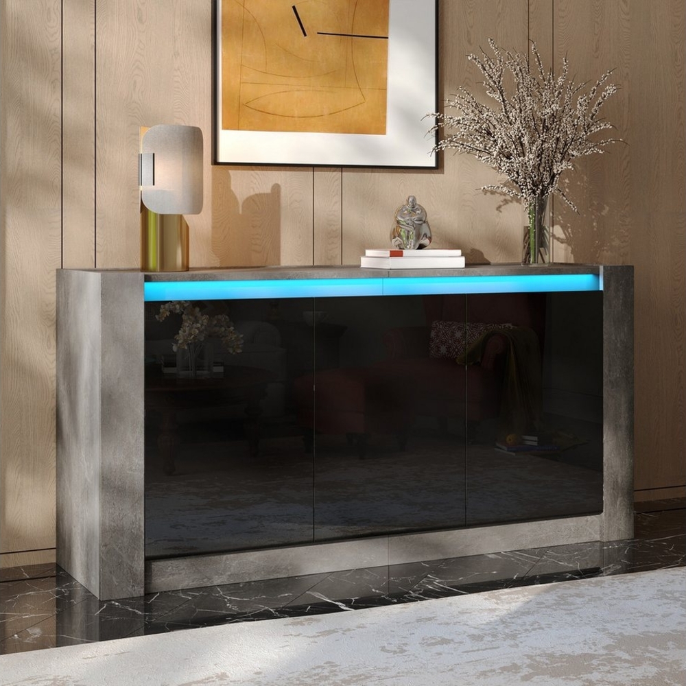 Furnishings Home Sideboard Stauraumschrank LED Küchenschrank Breite 150 cm (Hochglänzender quadratischer), 6 Fächer, Zementgraue Oberfläche, verstellbaren Einlegeböden Bild 1