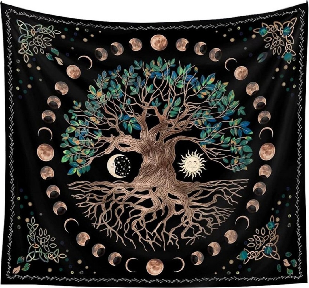 NUODWELL Wandteppich Baum des Lebens Mondphasen Tapestry Psychedelisches Mandala Wandbehang Bild 1