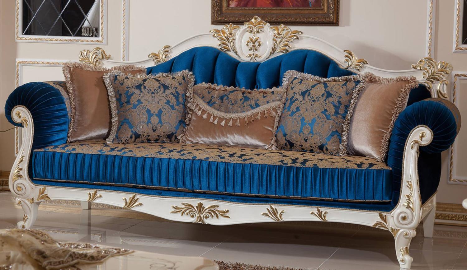 Casa Padrino Luxus Barock Sofa Blau / Braun / Weiß / Gold - Prunkvolles Wohnzimmer Sofa mit elegantem Muster - Barockstil Wohnzimmer Möbel - Luxus Möbel im Barockstil - Barock Einrichtung Bild 1