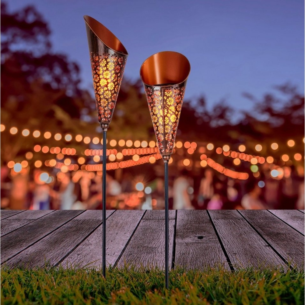 näve LED Solarleuchte Torch, LED fest integriert, Warmweiß, Flammeneffekt, kupferfarben, Trichterform, Blumenornamente, H:96cm Bild 1
