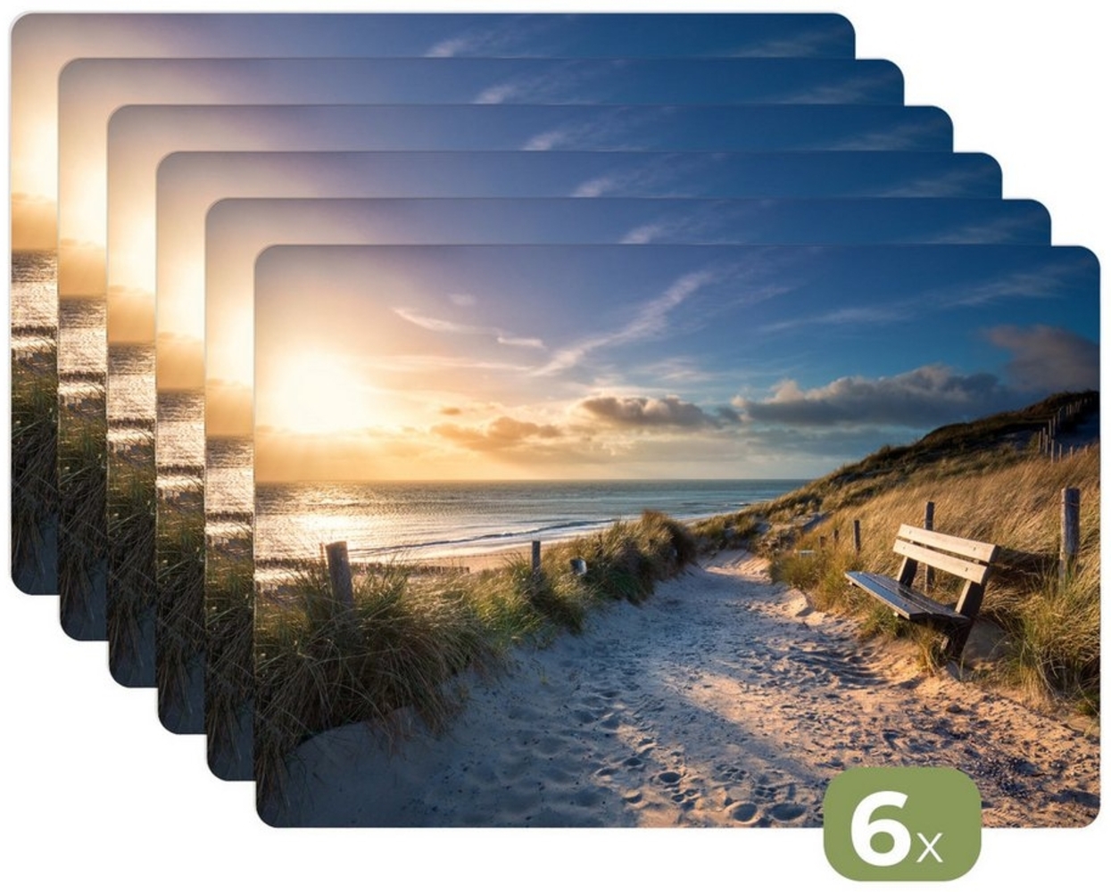 MuchoWow Platzset Sonnenuntergang - Strand - Düne - Gras - Bank, (6-St), Platzsets, Tischset, Abwaschbar, Tischsets, Platzdeckchen Bild 1