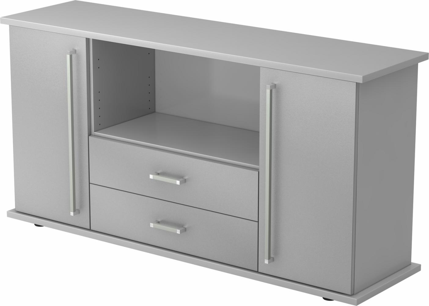 bümö Sideboard Grau/Silber mit Flügeltüren & Regal - Büromöbel Sideboard mit Schubladen Holz 166cm breit, 45cm schmal, Büro Schrank für Flur oder als Wohnzimmer-Kommode mit Chromgriff, SBTS-5-S-CE Bild 1