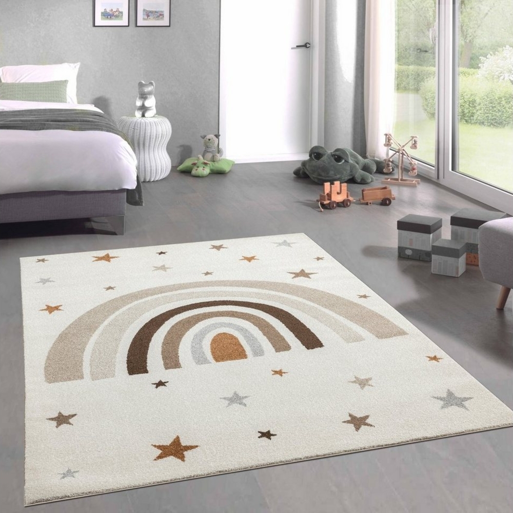 Carpetia Teppich Kurzflor Teppich Kinder creme pastell Regenbogen Stern braun beige, rechteckig, Höhe: 9 mm Bild 1