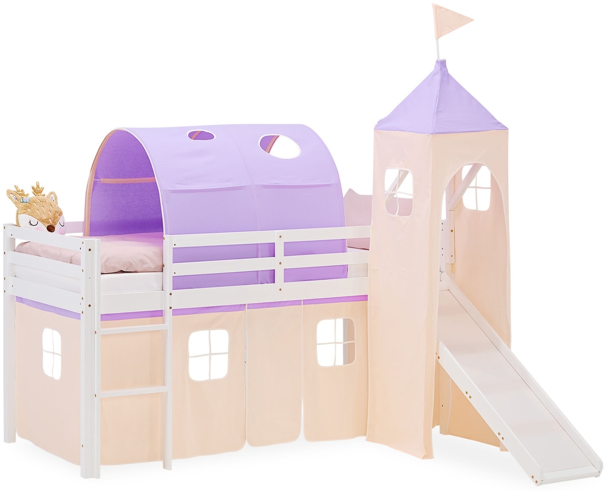 Hochbett Kinder 90x200 cm mit Rutsche Kinderbett Kinderhochbett Stockbett Vorhang Tunnel Turm Lila Peach Bild 1