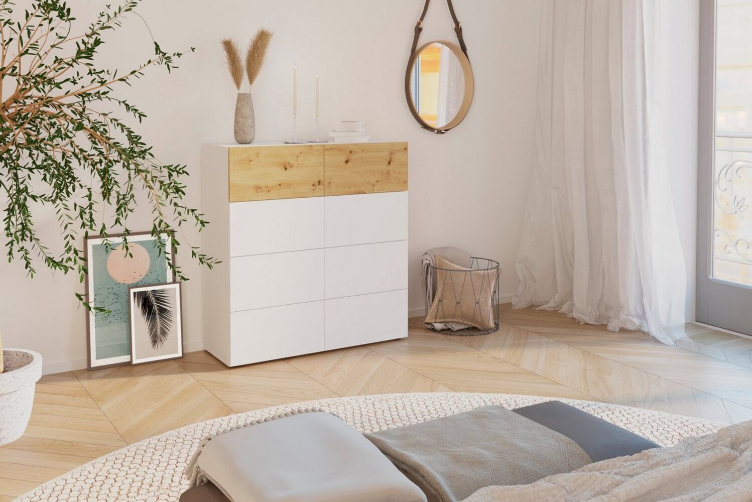 FMD Möbel 'Belm' Kommode, Spanplatte, Brillantweiß / Artisan Eiche, 8 Schubladen, 115 x 42 x 109 cm Bild 1