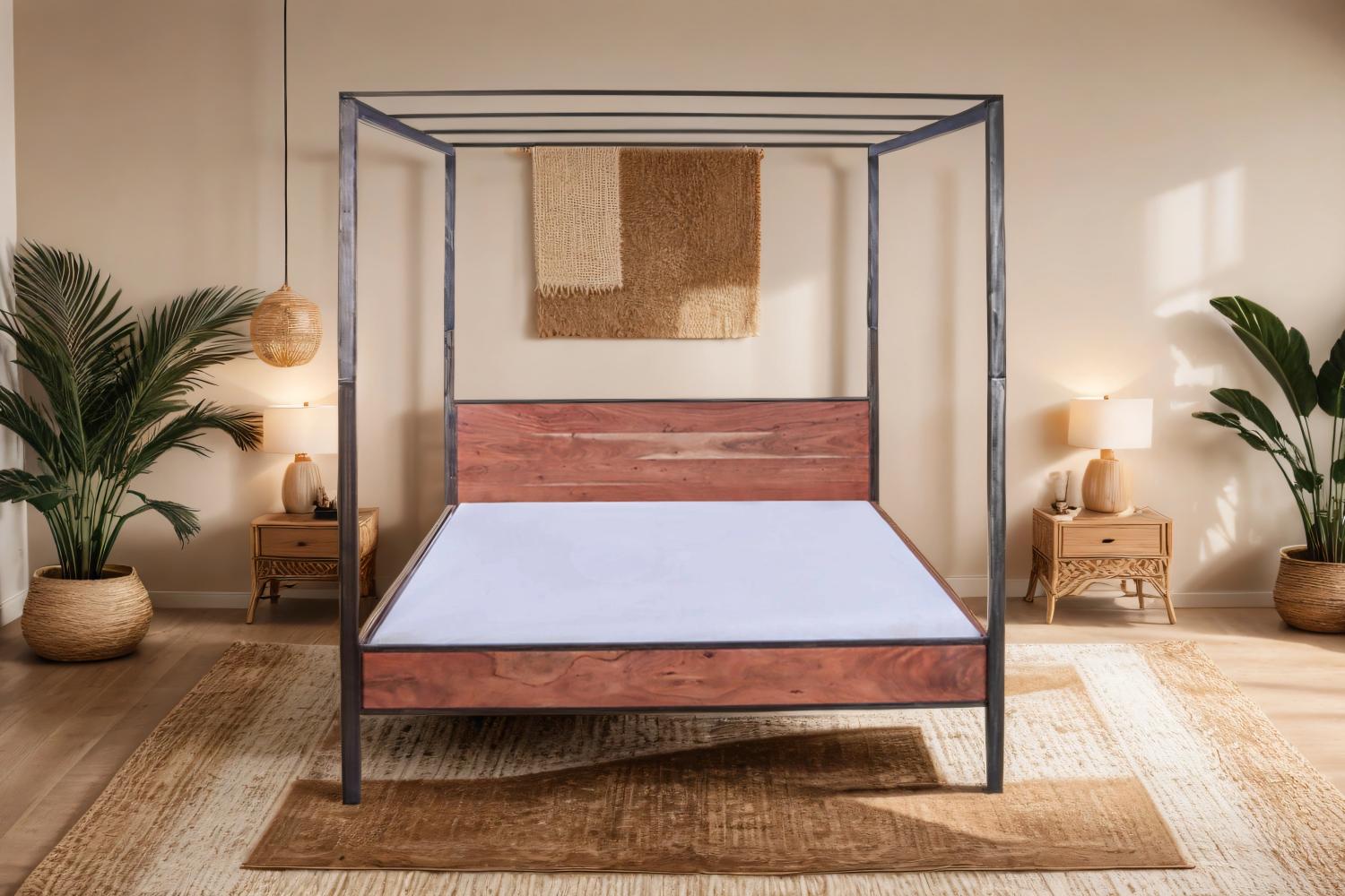 Himmelbett 180 x 200 cm Akazienholzbett stone inkl. Eisenhimmel und Vorhang ROMY 80419426 Bild 1