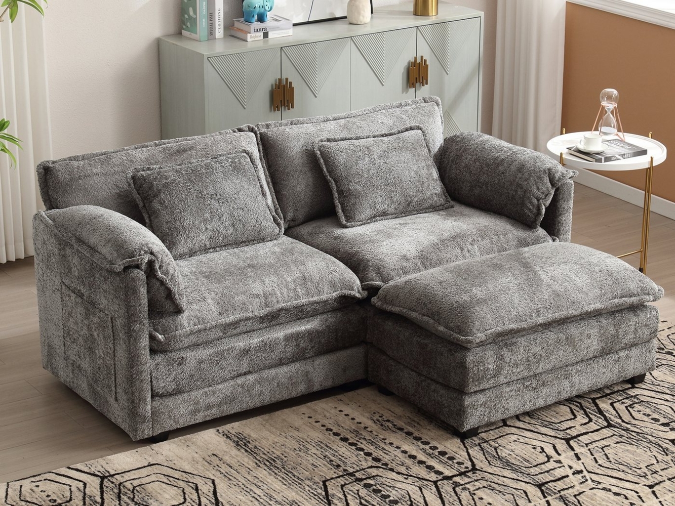 KLAM HOME Sofa Loungesofa Modernes 2-Sitzer-Sofa mit Fußstütze 2 Kissen & Stauraum, mit Chenille-Stoff und Fußstütze, integrierte Seitentaschen, ideal für Wohnzimmer & Schlafzimmer & Büro Bild 1