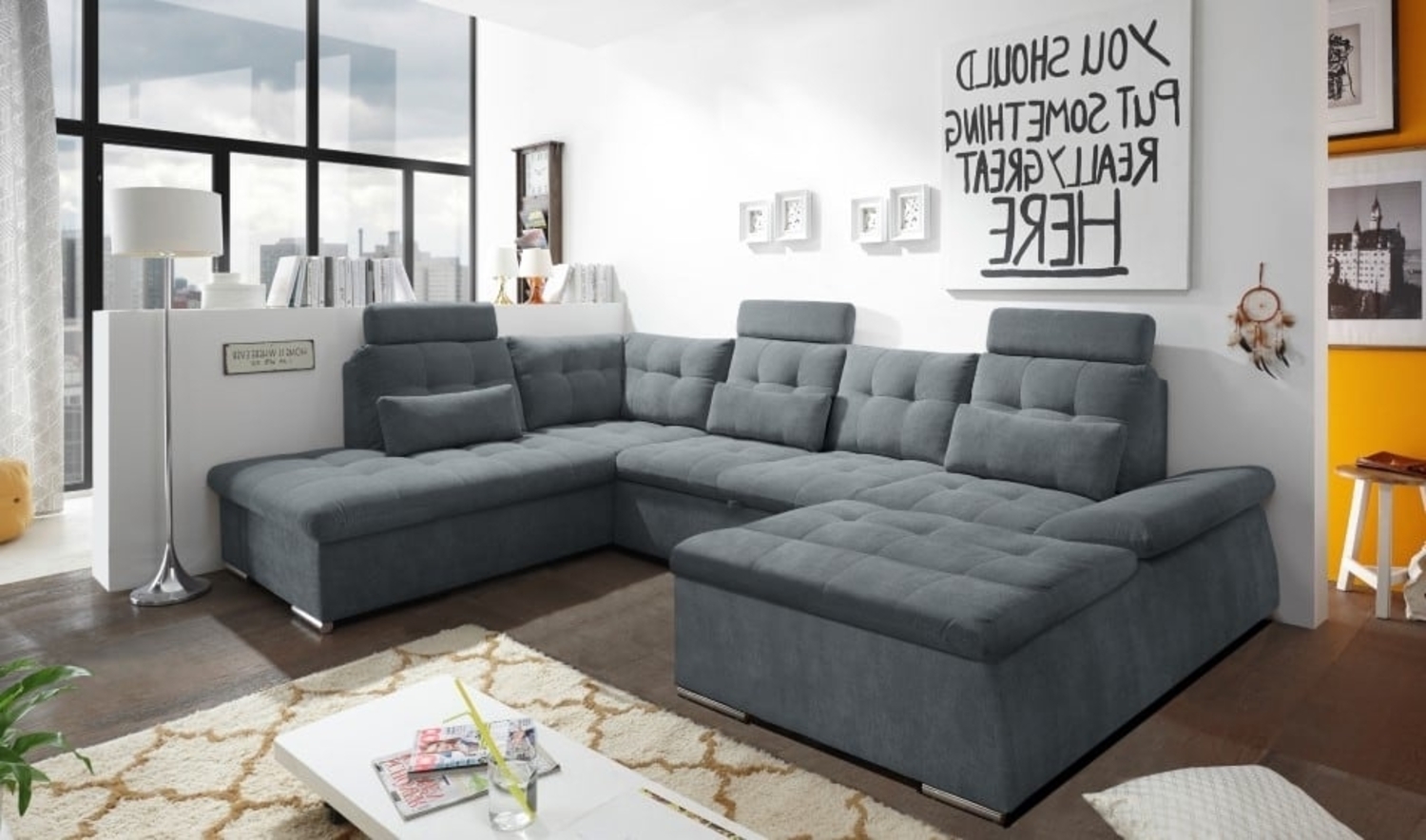 Couch NALO Sofa Schlafcouch Wohnlandschaft Bettsofa anthrazit U-Form links Bild 1