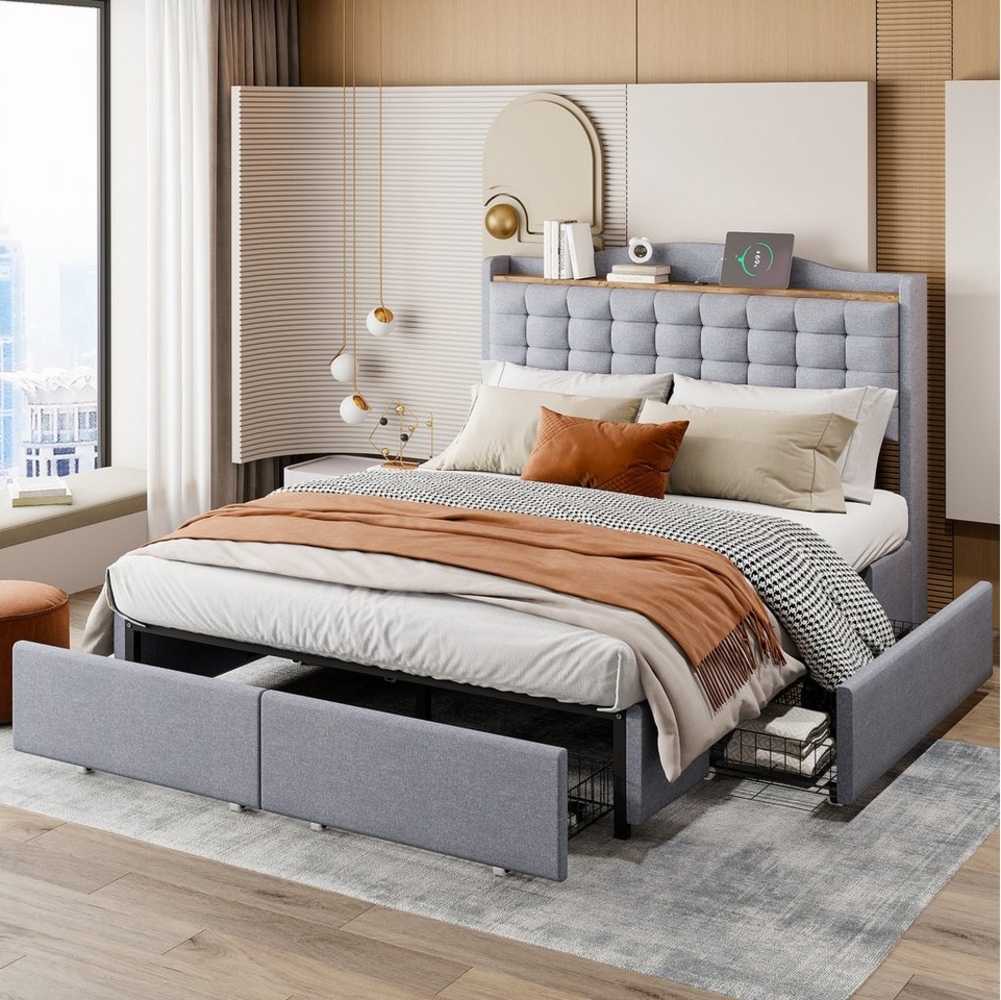 OKWISH Polsterbett Stauraumbett Doppelbett, Nachttisch mit USB-Ladeanschluss und Ablage (mit 4 Schubladen – elegantes Leinenstoffbett in Beige, ideal für Schlafzimmer und Gästezimmer, 140x200 cm), ohne Matratze Bild 1