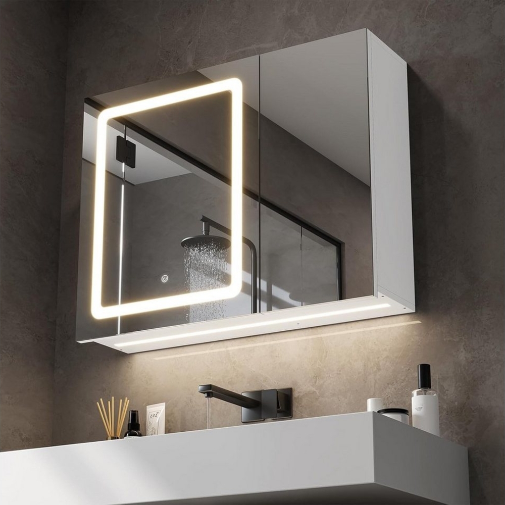 MSMASK Spiegelschrank Spiegelschrank mit 2 LED Streifen, 3 Farbtemperatur Dimmbare, Weiß Bild 1