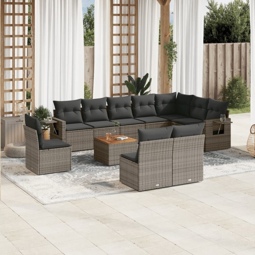 ZMH Garten-Essgruppe 11-tlg. Garten-Sofagarnitur mit Kissen Grau Poly Rattan, (Set, 5-tlg, 10x Sofa 1 x Gartentisch 11 x Rückenkissen 10 x Sitzkissen), Outdoor Loungemöbel Stauraum mit wasserfestem Beutel Bild 1