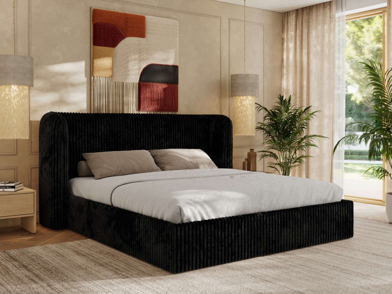 Polsterbett Bett mit Holzlattenrost Schlafzimmer Bett Doppelbett gepolstertes Kopfteil Foam Matratze - EMORA CLASSIC - 180x200 cm - Schwarz Cord - MIRO LUX Bild 1
