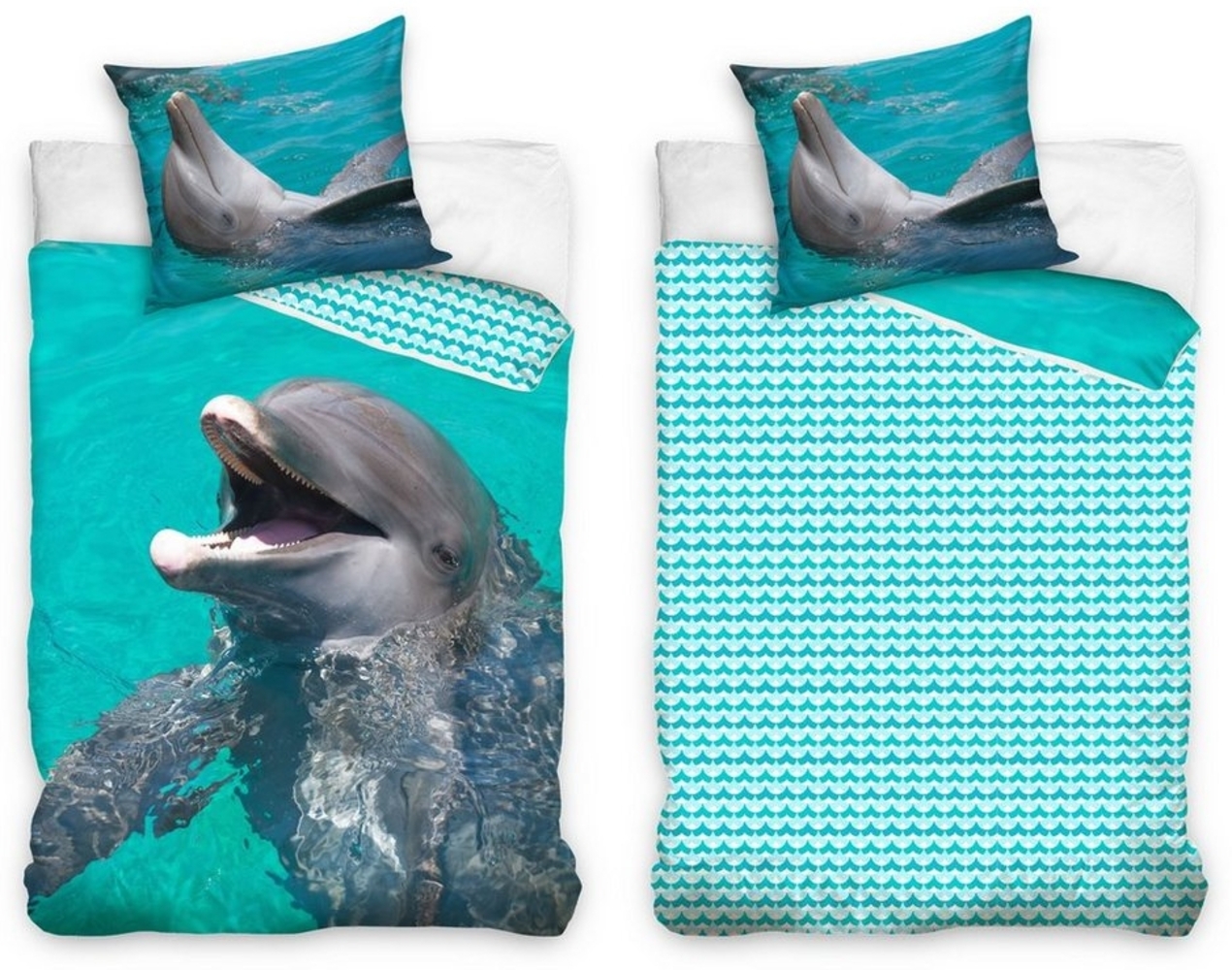 MTOnlinehandel Bettwäsche Delfin 135x200 + 80x80 cm, 100 % Baumwolle, Renforcé, 2 teilig, Delphin, Meer, Ozean Bettwäsche-Set in blau & türkis Bild 1