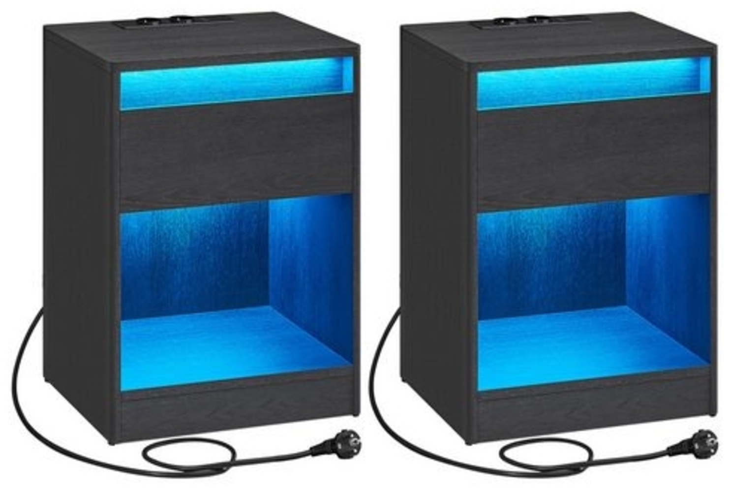 VASAGLE Nachttisch mit einstellbarer LED-Beleuchtung, 2er Set, Beistelltisch mit Steckdosen, Schublade, 2 AC-Steckdosen, 2 USB-Anschlüsse, modern, für Schlafzimmer, Wohnzimmer, aschschwarz Bild 1