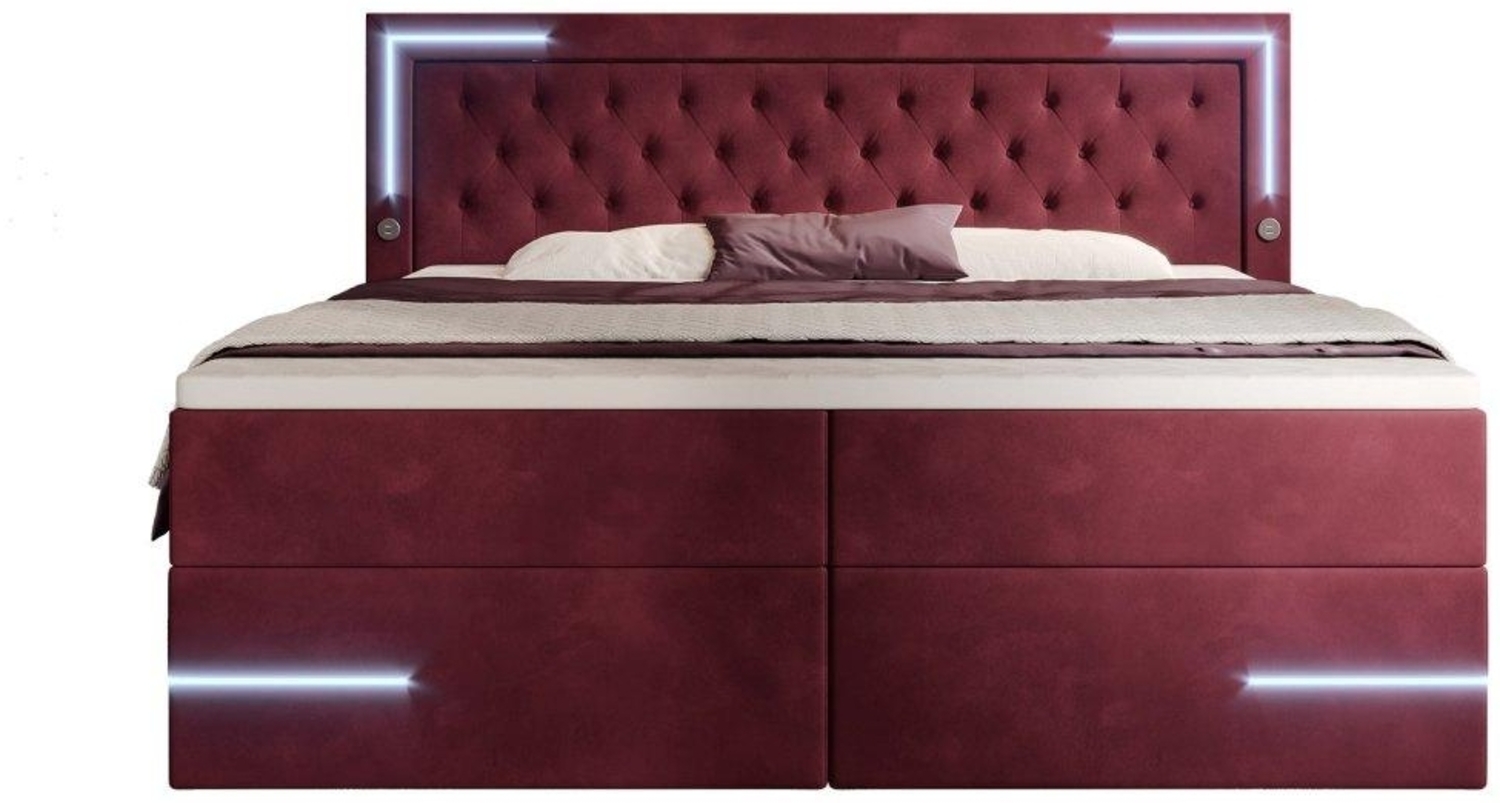 Boxspringbett Carlotta mit LED, Stauraum und USB (Samt) 140x200 Rot H4 (100kg+) Bild 1