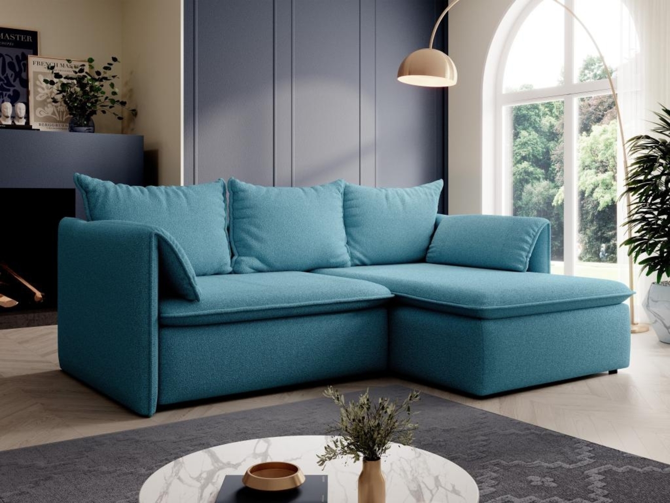 Vente-unique - Ecksofa mit Schlaffunktion - Ecke rechts - Strukturstoff - Blau - TEODORA Bild 1