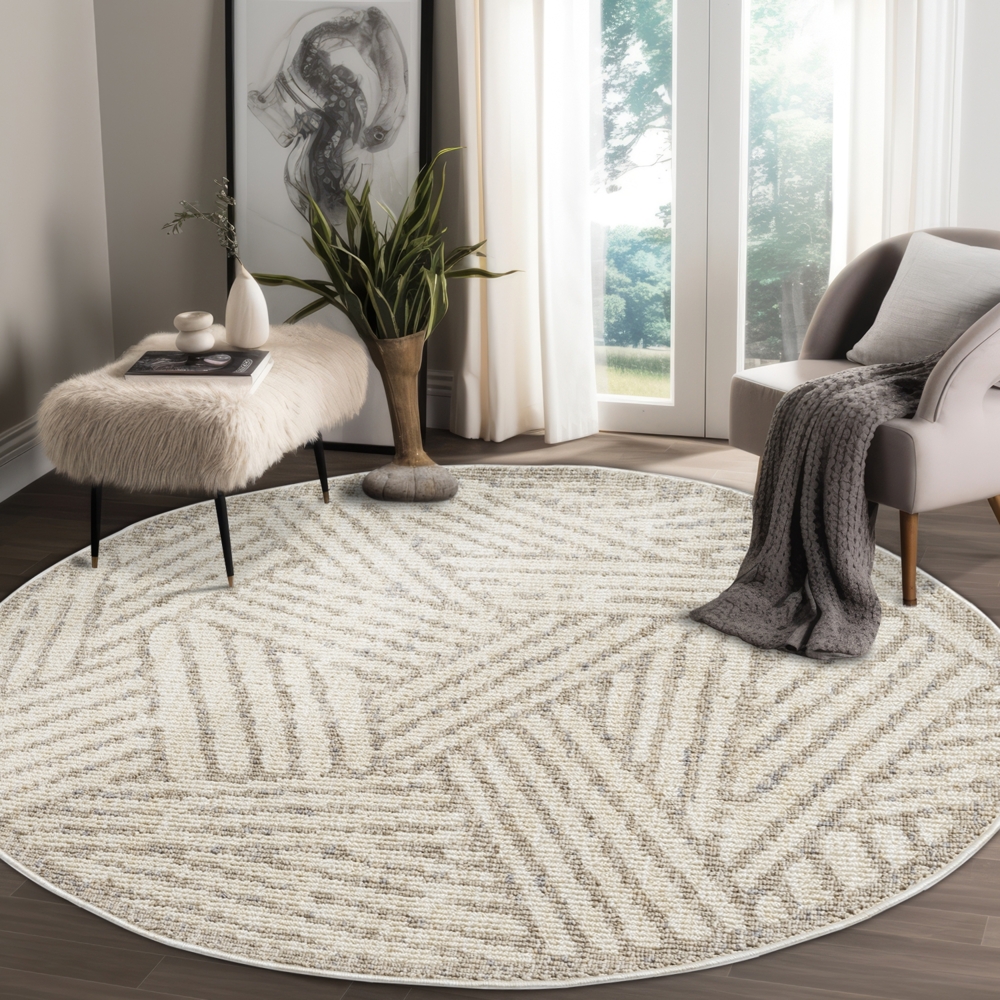 Teppich Rund - 200x200cm - Beige - Geometrische Schleife Muster - Boho Frasen Teppiche - Wohnteppich Schlafzimmer Deko Bild 1