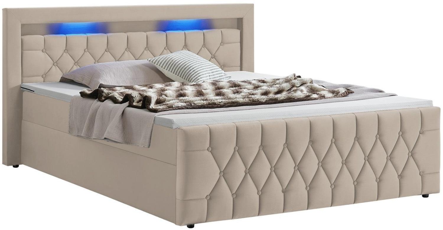 Juskys Boxspringbett Leona 180x200 cm - Bett mit LED Beleuchtung, Topper & H4 Federkern Matratzen - Einzelbett Beige mit Samt und Steppung Bild 1