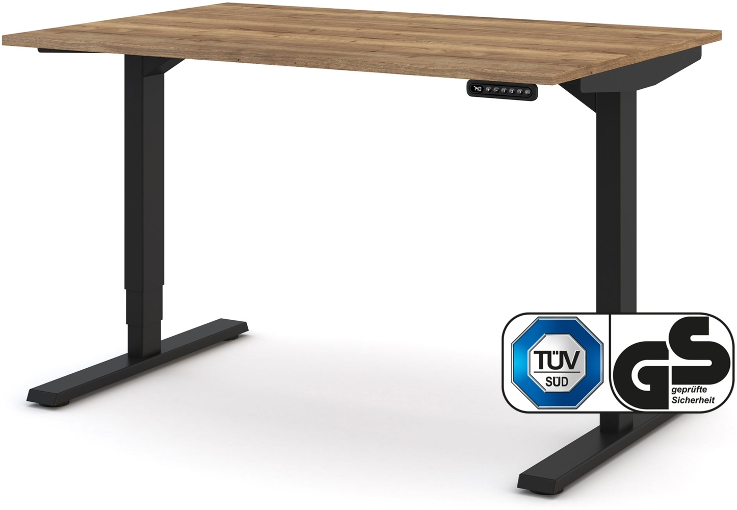 ASSMANN Elektrisch höhenverstellbarer Schreibtisch Y-Line 120x80cm Eiche Tabak Schwarz Metall Holz Melaminoberfläche Bild 1