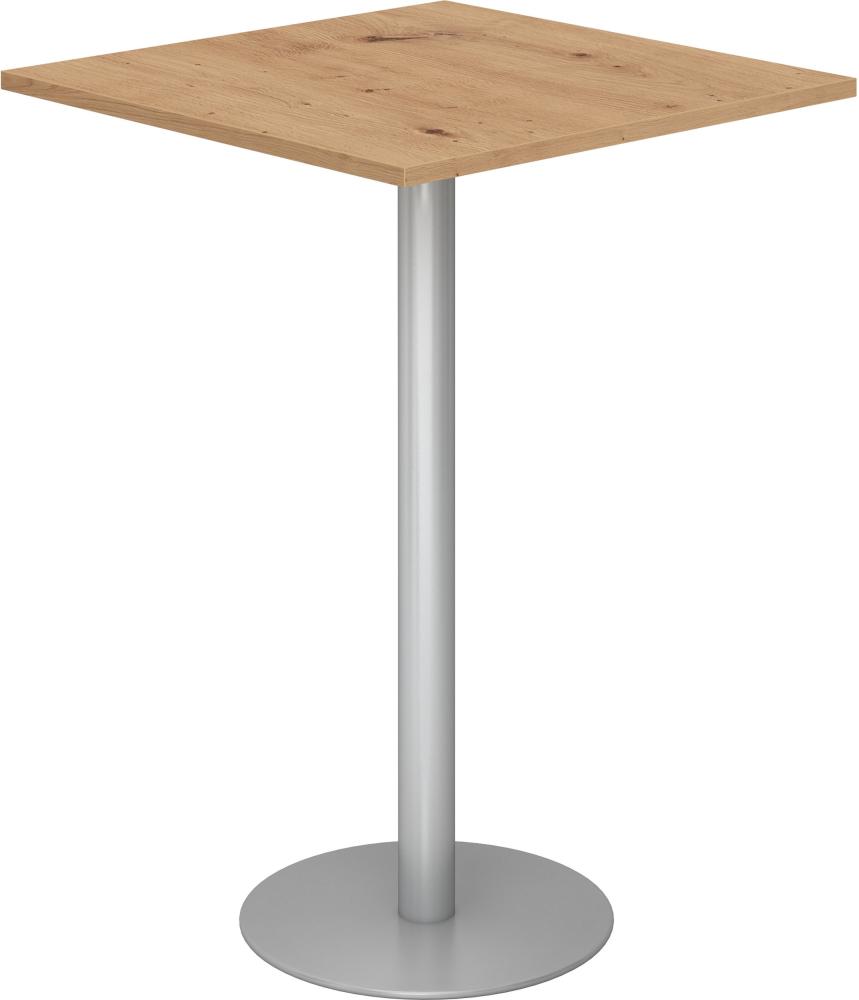 bümö Stehtisch Büro, Bistrotisch eckig 80 x 80 cm - Bartisch Asteiche, Stehtisch Holz-Platte, Säule aus Metall in silber, Buffettisch, Säulentisch, Partytisch, Thekentisch, Hochtisch, Barmöbel, STH88-R-S Bild 1