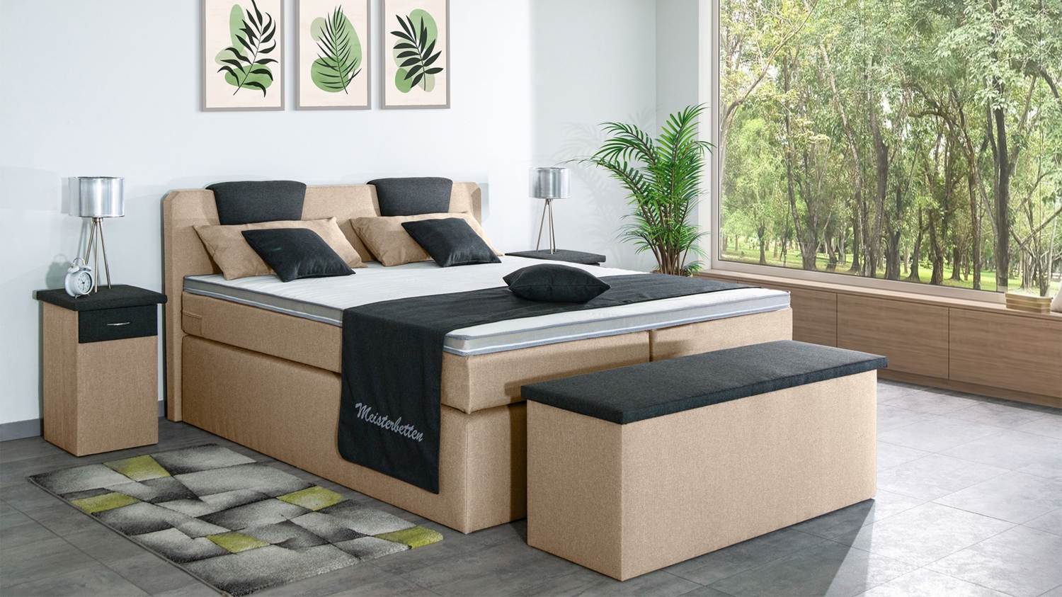 Meisterbetten Boxspringbett Iris 160x220 in WT-Beige in WT-Dunkel Grau, Matratzenbezug Nano, Komfortschaum-Topper Bild 1