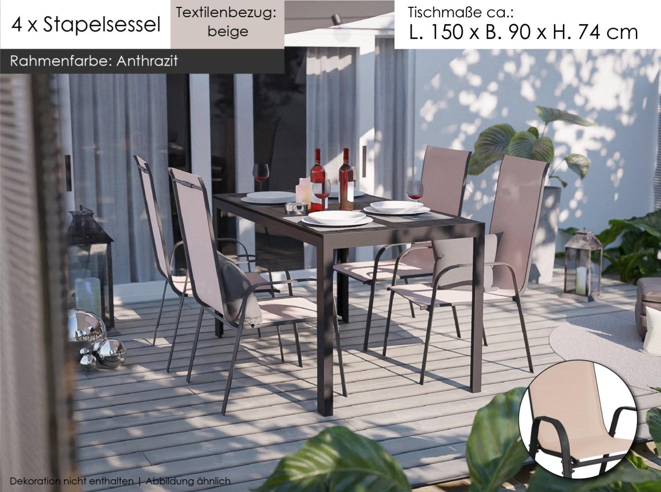 Gartenmöbel Set Alu Tisch 5-tlg. 4x Stapelsessel Sitzgruppe Essgruppe Gartenset beige Bild 1