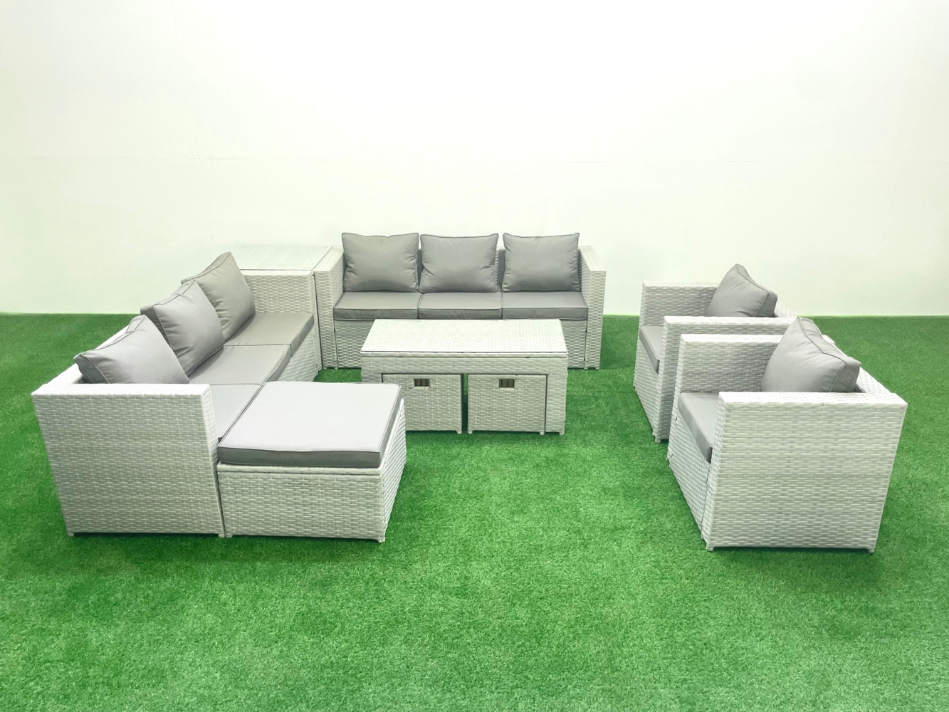 Fimous Gartenmöbelset Polyrattan mit 2 Sesseln Rechteckiger Couchtisch 3 Hockern Beistelltisch Hellgrau gemischt Bild 1