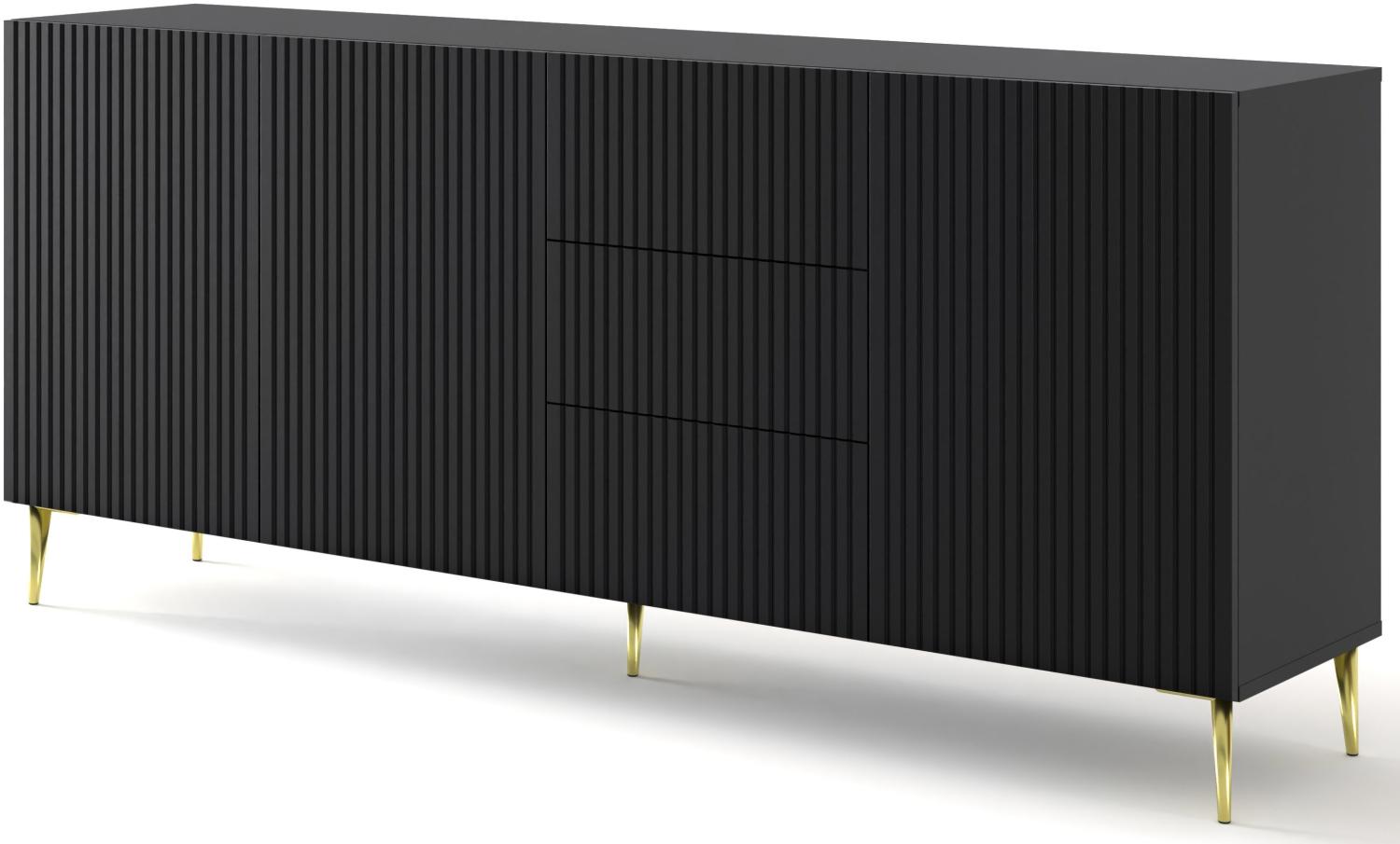 Domando Sideboard Moneglia M2 Klassisch Breite 200cm, Push-to-open-Funktion, besondere Fräsoptik, goldene Füße in Schwarz Matt und Goldfüße Bild 1