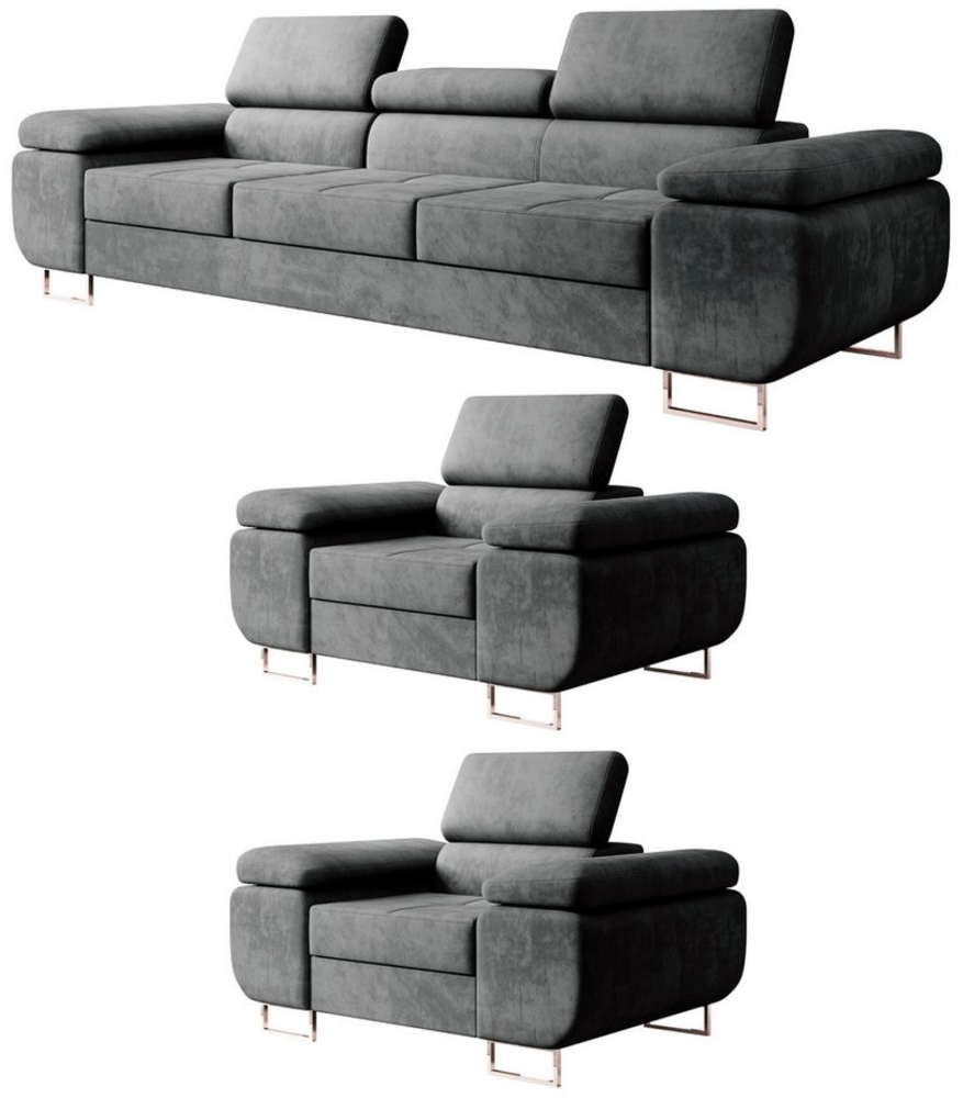 M-Punkt24 Polstergarnitur Miami, (3-3-1 Set, 3-1-1, 3-2-1, Samtstoff Grau Anthrazit), mit Bettfunktion und verstellbare Kopfstützen Bild 1