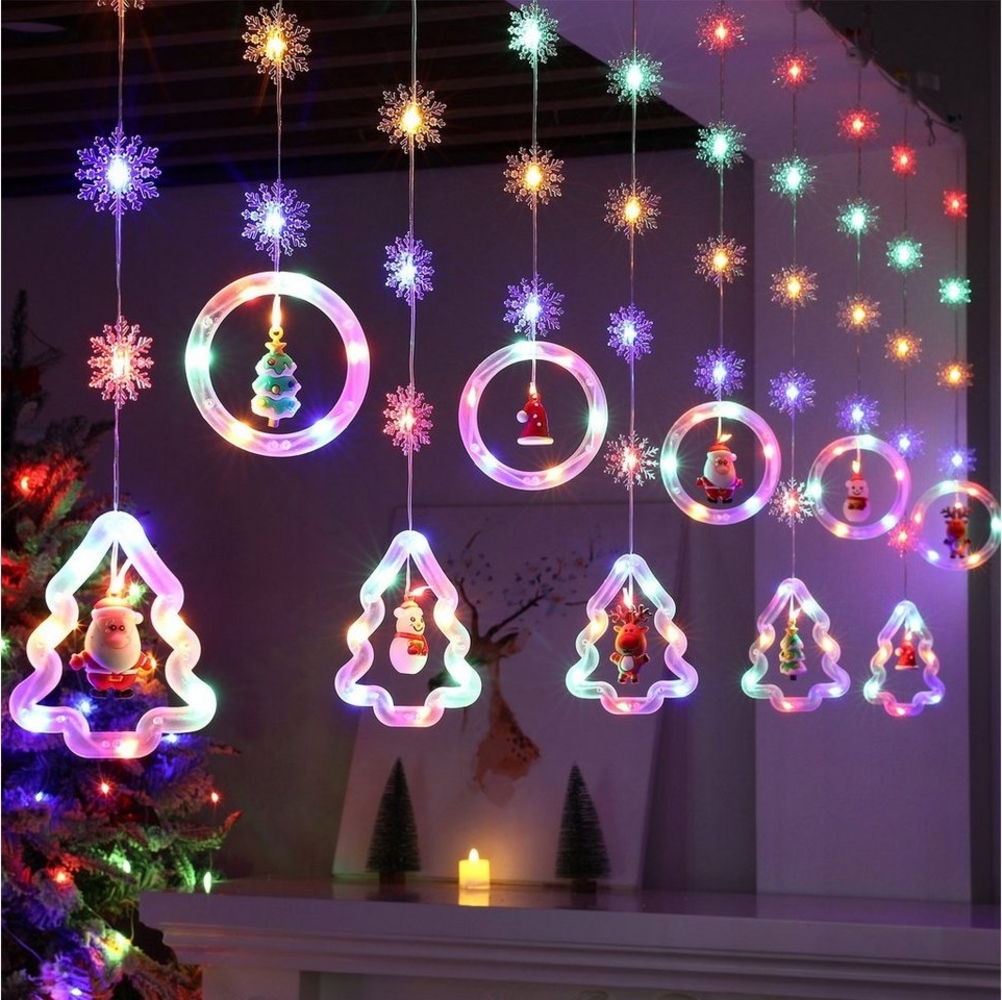 Rosnek LED-Lichtervorhang 3M 100LEDs, 8 Modi, Batterie/USB, für Wohnzimmer Schlafzimmer, mit weihnachtlichen Ornamenten, Fenster Deko Bild 1