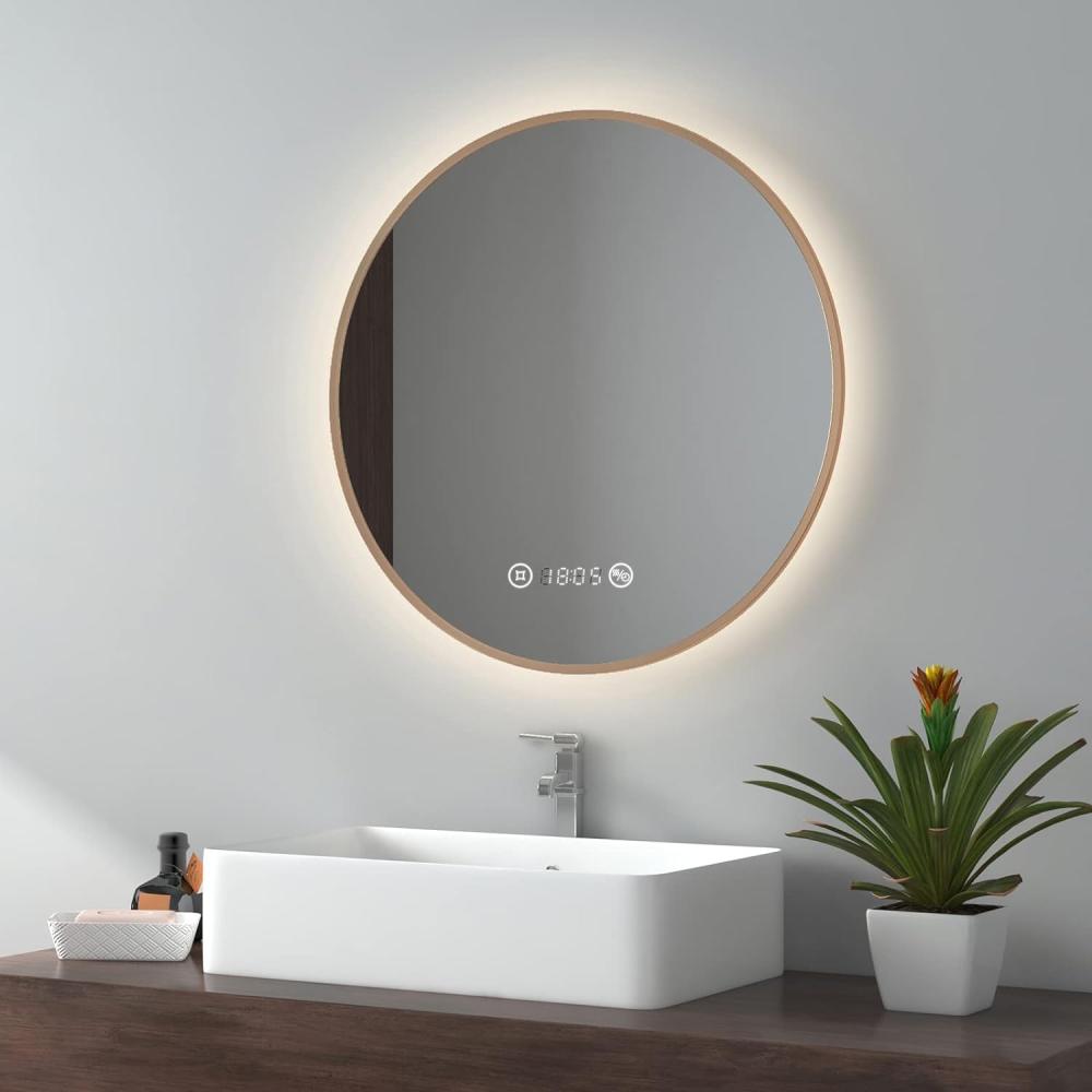 EMKE LED Badspiegel ф60cm Gebürstetem Goldrahmen, Beschlagfrei, Uhr, Temperatur, Dimmbar, Memory-Funktion Neutrales Licht Wandspiegel Bild 1