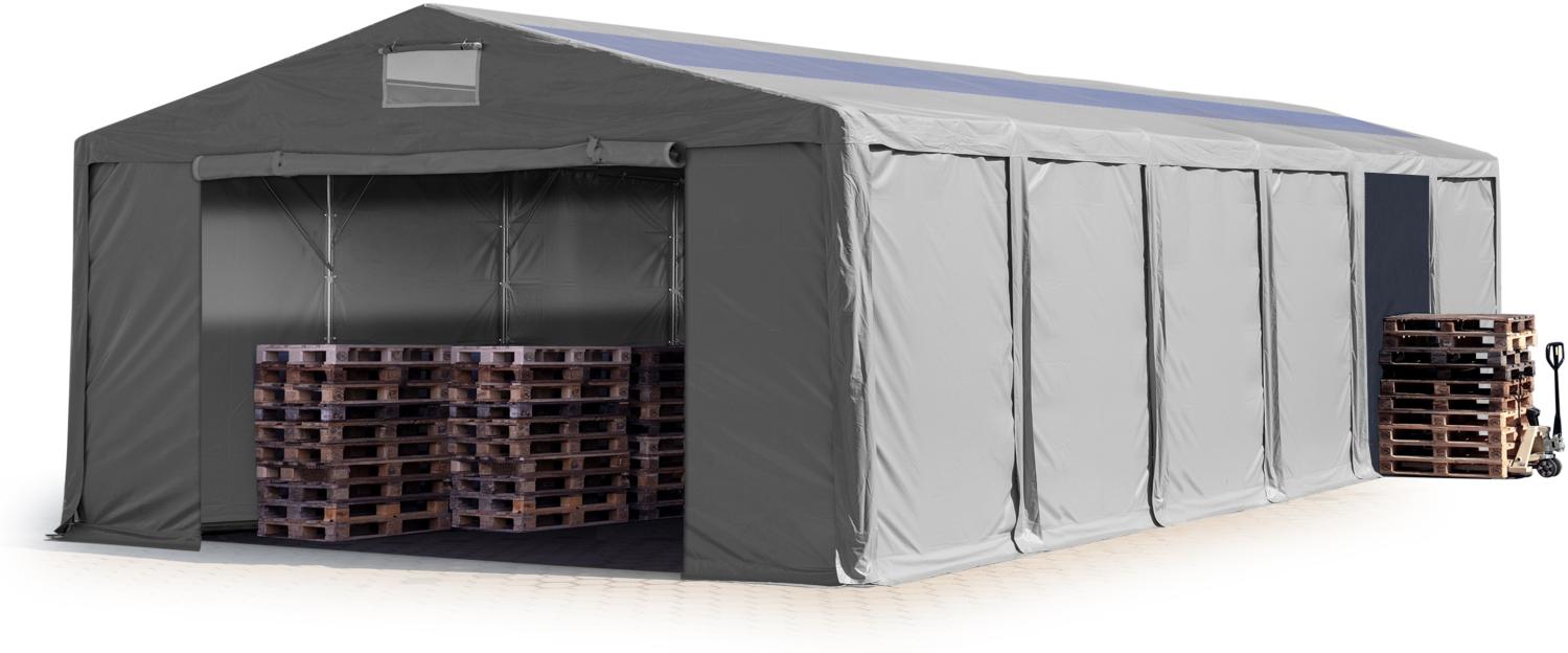 Lagerzelt 8x12 m Zelthalle Industriezelt mit Oberlicht 3m Seitenhöhe PVC Plane 850 N grau 100% wasserdicht mit Reißverschlusstor Bild 1