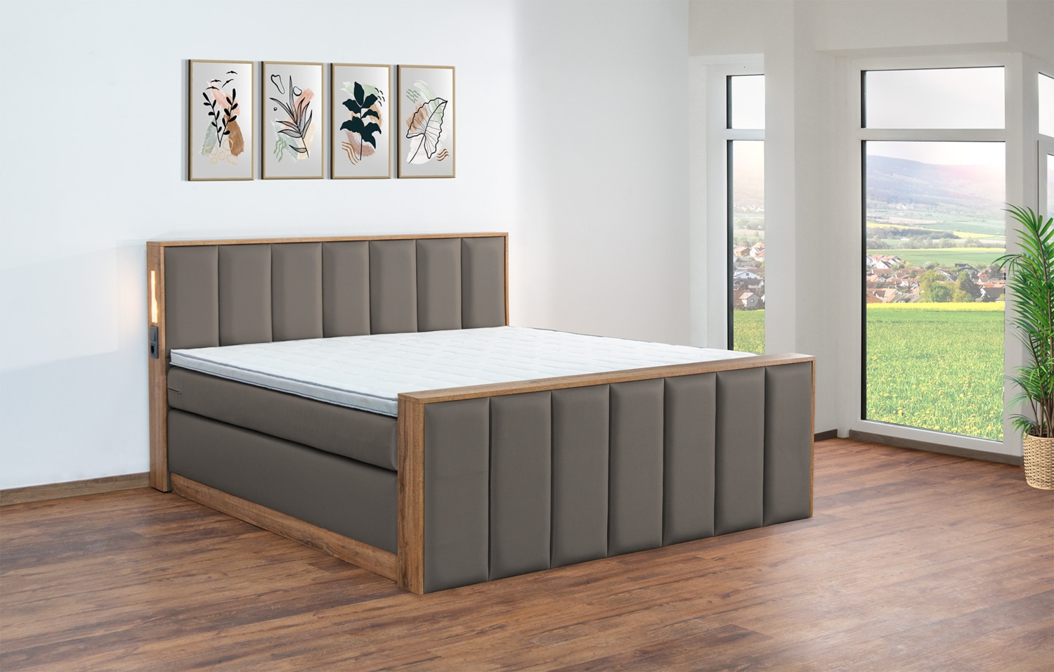 Meisterbetten Boxspringbett Sely mit Holzdekor Eiche Cognac 140x200 in LM-Stahlgrau, Matratzenbezug Nano, Midisoft-Topper, mit Fussteil Bild 1