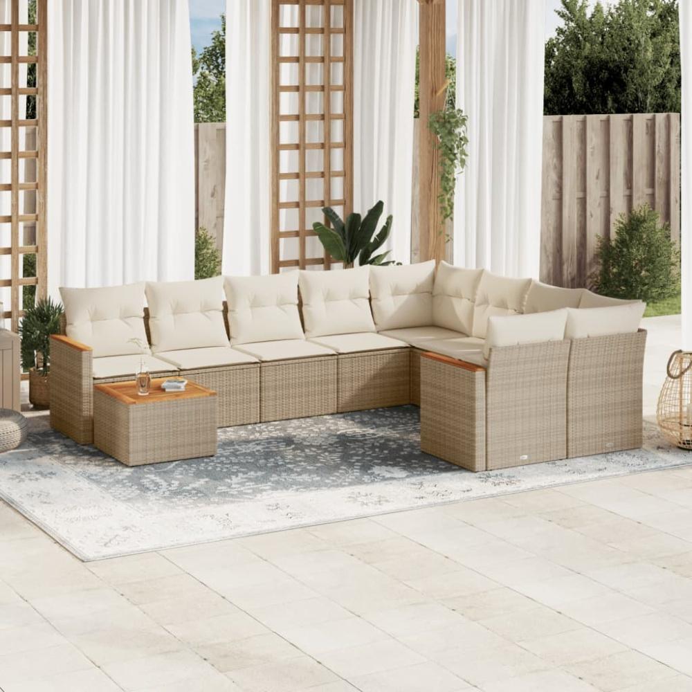 vidaXL 10-tlg. Garten-Sofagarnitur mit Kissen Beige Poly Rattan 3226317 Bild 1