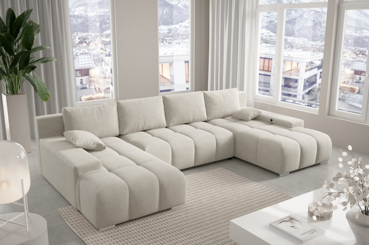 PROMETO Möbel Ecksofa Ecksofa Couch U-Form, Teddy-Bouclé Stoff Schlaffunktion, USB inkl Bild 1