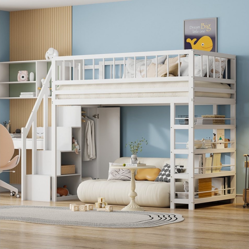 HAUSS SPOLE Hochbett 90x200 mit Kleiderschrank, Hochzaun Regalen und Leiter, Weiß Bild 1