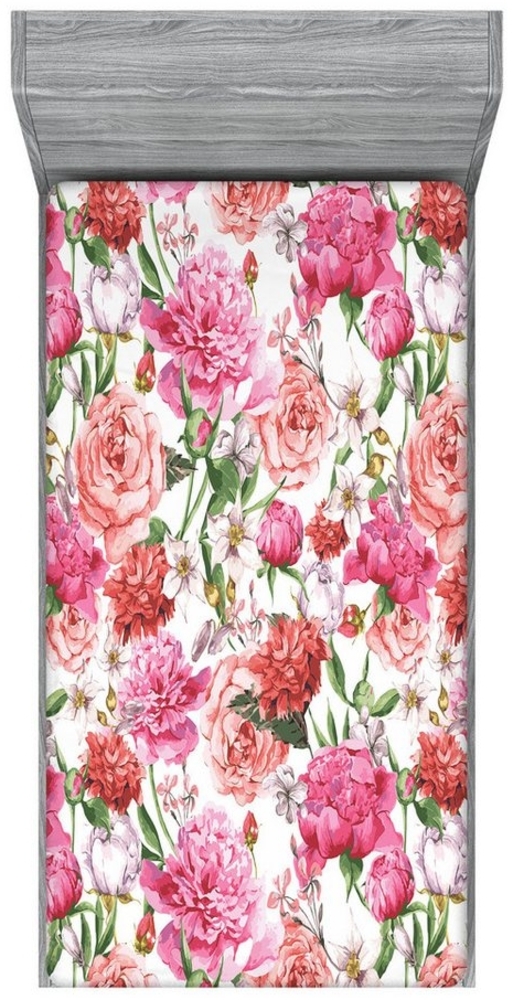 Abakuhaus Spannbettlaken Soft Dekorativer Stoff Bettwäsche Rund-um Elastischer Gummizug, Blumen Pfingstrosen und Rosen Bild 1