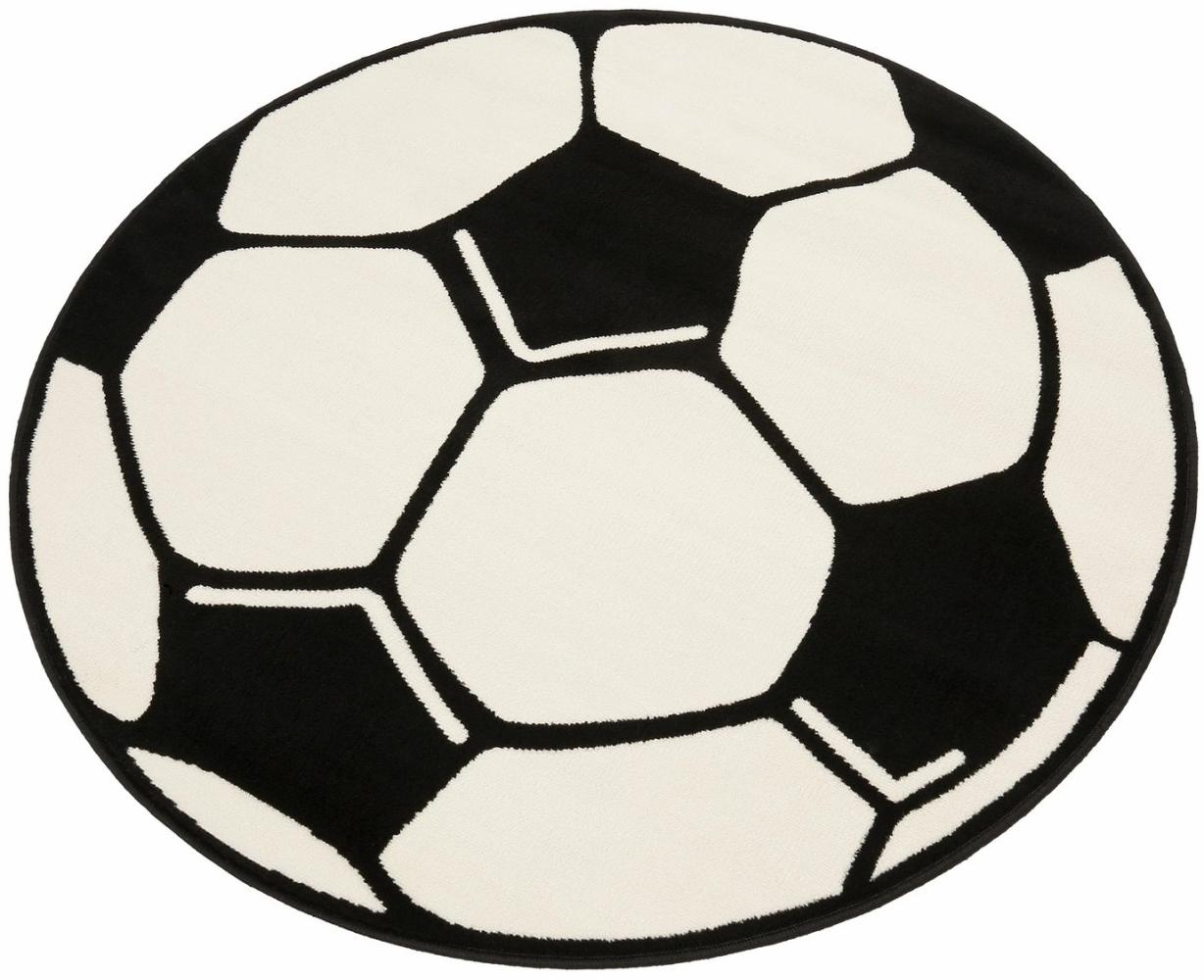 Kurzflor Kinderteppich Fußball, rund - weiß schwarz - 150x150x0,8cm Bild 1