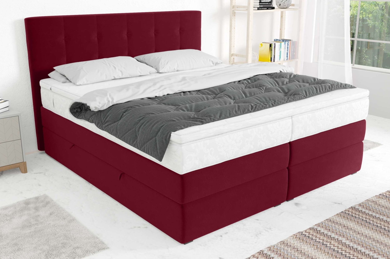 99rooms Palermo Boxspringbett Velours KRONOS Rot 180x200 cm Bonell-Federung Bild 1
