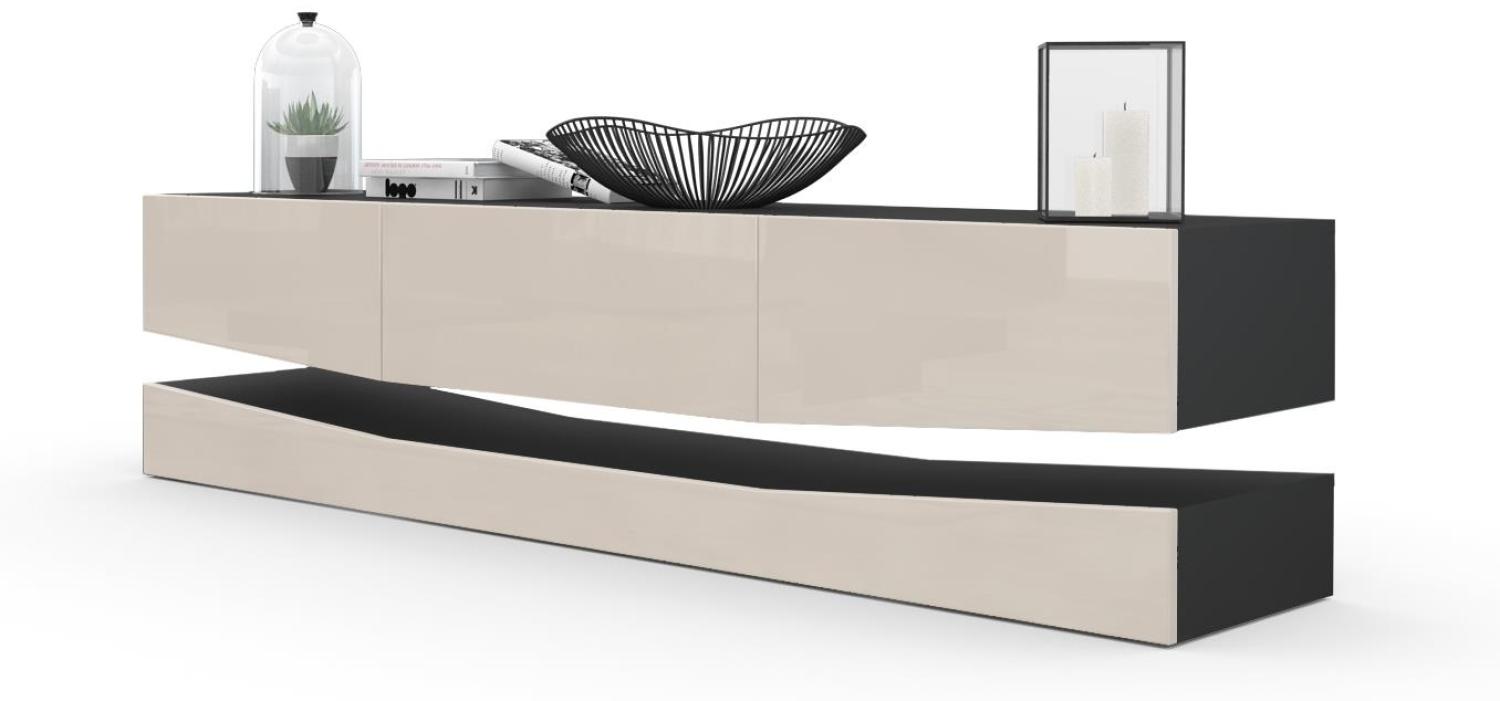 Vladon Lowboard City, TV-Kommode mit Sockelelement, 1 offenem Fach und 3 Schubkästen, Schwarz matt/Sandgrau Hochglanz (178 x variabel x 39 cm) Bild 1