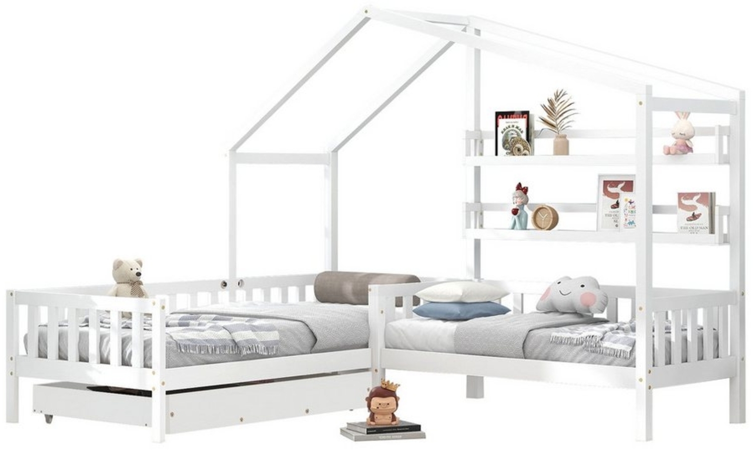 MODFU Kinderbett Einzelbett, Hausbett, L-Struktur, Bett, Daybett (90x200 cm+140x70 cm Ohne Matratze, mit Zaun und Lattenrost), Ohne Matratze Bild 1